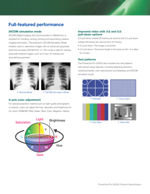 Page 3powerLite pro G5550 product Specification
   Normal Mode   DICOM Simulation Mode
Improved video with 3:2 and 2:2 
pull-down options
3:2 pull-down creates 60 frames per second and 2:2 pull-down 
creates 48 frames per second from 24 frames.  
• 3:2 pull-down: The image is smoother. 
•  2:2 pull-down: One frame length is the same as film. It is ideal 
for movies.
Test patterns
The PowerLite Pro G5550 also includes four test patterns 
with precise setup features, including detecting distortion, 
checking...