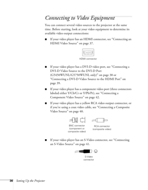 Page 3636Setting Up the Projector
Connecting to Video Equipment 
You can connect several video sources to the projector at the same 
time. Before starting, look at your video equipment to determine its 
available video output connections: 
■If your video player has an HDMI connector, see “Connecting an 
HDMI Video Source” on page 37.
■If your video player has a DVI-D video port, see “Connecting a 
DVI-D Video Source to the DVI-D Port 
(G5450WUNL/G5750WUNL only)” on page 38 or 
“Connecting a DVI-D Video Source...