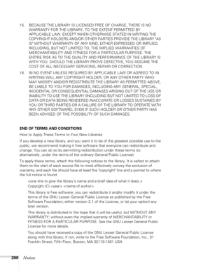 Page 200200Notices
15. BECAUSE THE LIBRARY IS LICENSED FREE OF CHARGE, THERE IS NO 
WARRANTY FOR THE LIBRARY, TO THE EXTENT PERMITTED BY 
APPLICABLE LAW. EXCEPT WHEN OTHERWISE STATED IN WRITING THE 
COPYRIGHT HOLDERS AND/OR OTHER PARTIES PROVIDE THE LIBRARY AS 
IS WITHOUT WARRANTY OF ANY KIND, EITHER EXPRESSED OR IMPLIED, 
INCLUDING, BUT NOT LIMITED TO, THE IMPLIED WARRANTIES OF 
MERCHANTABILITY AND FITNESS FOR A PARTICULAR PURPOSE. THE 
ENTIRE RISK AS TO THE QUALITY AND PERFORMANCE OF THE LIBRARY IS 
WITH YOU....