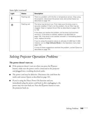 Page 149Solving Problems149
Solving Projector Operation Problems
The power doesn’t turn on.
■If the projector doesn’t turn on when you press the Ppower 
button, make sure the power cord is connected to the projector 
and plugged into a working electrical outlet.
■The power cord may be defective. Disconnect the cord from the 
outlet and contact Epson as described on page 161.
■If you’re using the Direct Power On function and you 
immediately plug the power cord back in after unplugging it, the 
power may not turn...