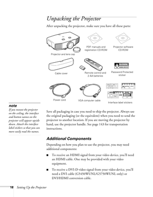 Page 1818Setting Up the Projector
Unpacking the Projector
After unpacking the projector, make sure you have all these parts:
Save all packaging in case you need to ship the projector. Always use 
the original packaging (or the equivalent) when you need to send the 
projector to another location. If you are moving the projector by 
hand, use the projector handle. See page 143 for transportation 
instructions. 
Additional Components
Depending on how you plan to use the projector, you may need 
additional...