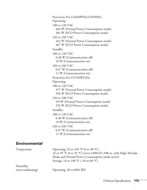 Page 173Technical Specifications173
PowerLite Pro G5650WNL/G5950NL:
Operating: 
100 to 120 VAC
464 W (Normal Power Consumption mode)
383 W (ECO Power Consumption mode)
220 to 240 VAC
442 W (Normal Power Consumption mode)
367 W (ECO Power Consumption mode)
Standby: 
100 to 120 VAC
0.38 W (Communication off)
10 W (Communication on)
220 to 240 VAC
0.47 W (Communication off)
11 W (Communication on)
PowerLite Pro G5750WUNL:
Operating: 
100 to 120 VAC
477 W (Normal Power Consumption mode)
394 W (ECO Power Consumption...