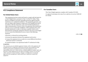 Page 139General Notes
139
FCC Compliance StatementFor United States Users
This equipment has been tested and found to comply with the limits for 
a Class B digital device, pursuant to Part 15 of the FCC Rules. These 
limits are designed to provide reasonable protection against harmful 
interference in a residential installation. This equipment generates, uses 
and can radiate radio frequency energy and, if not installed and used in 
accordance with the instructions,  may cause harmful interference to 
radio...