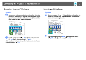 Page 27Connecting the Projector to Your Equipment
27
Connecting a Component Video Source
ProcedureA
Connect one end of your cable (not included) to either the 
projector’s BNC ports or Computer port (depending on the 
type of component video cable you’re using). Connect the 
other end of the cable to your equipment.
B
Turn the projector on (sp.29), select the image source 
(sp.38), and adjust the image (sp.30).
Make sure the Input Signal setting in the Signal menu is set to Auto or 
Component Video. sp.62...