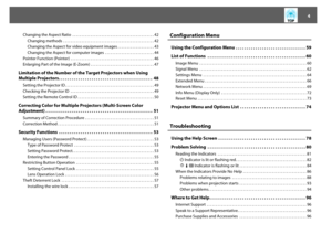 Page 44
Changing the Aspect Ratio  . . . . . . . . . . . . . . . . . . . . . . . . . . . . . . . . . . . . . . . . . . . . . 42Changing methods  . . . . . . . . . . . . . . . . . . . . . . . . . . . . . . . . . . . . . . . . . . . . . . . . . . 42
Changing the Aspect for video equipment images . . . . . . . . . . . . . . . . . . . . 43
Changing the Aspect for computer images  . . . . . . . . . . . . . . . . . . . . . . . . . . . 44
Pointer Function (Pointer)  . . . . . . . . . . . . . . . . . . . . . . . . . ....