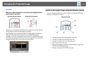 Page 39Changing the Projected Image
39
Procedure
When your video equipment is connected, start playback before 
beginning this operation.
When two or more pieces of equipment are connected, press the [Source 
Search] button until the target image is projected.
The following screen showing the status of image signals is displayed 
when only the image that the projector is currently displaying is 
available, or when no image signal can be found. You can select the input 
port where the equipment you want to use...