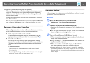 Page 51Correcting Color for Multiple Projectors (Multi-Screen Color Adjustment)
51
Correcting Color for Multiple Projectors (Multi-Screen Color Adjustment)
When multiple projectors are lined up and projecting images, you can 
correct the brightness and color tone of each projector's image with 
multi-screen color adjustment so that the colors of images from each 
projector match closely.
In some cases the brightness and color tone may not match completely 
even after correction.
Auto Iris does not work...