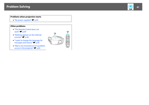Page 87Problem Solving
87
Problems when projection starts
•"No power supplied"sp.93
Other problems
•"The Remote Control does not 
work"sp.94
•"Nothing appears on the external 
monitor"sp.94
•"I want to change the language for 
messages and menus"sp.95
•"Mail is not received even if a problem 
occurs in the projector"sp.95 