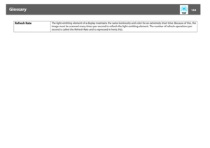 Page 164Glossary
164
Refresh Rate
The light-emitting element of a display maintains the same luminosity and color for an extremely short time. Because of this, the 
image must be scanned many times per second to refresh the light-emitting element. The number of refresh operations per 
second is called the Refresh Rate and is expressed in hertz (Hz).  