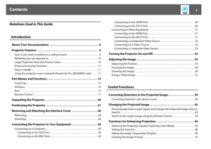 Page 33
Notations Used in This Guide  IntroductionAbout Your Documentation  . . . . . . . . . . . . . . . . . . . . . . . . . . . . . . . . . . .  8
Projector Features  . . . . . . . . . . . . . . . . . . . . . . . . . . . . . . . . . . . . . . . . . . . .  9
Ease of use when installed on a ceiling mount . . . . . . . . . . . . . . . . . . . . . . . . . . . .  9
Reliability you can depend on  . . . . . . . . . . . . . . . . . . . . . . . . . . . . . . . . . . . . . . . . . . 10
Large Projection Area and...