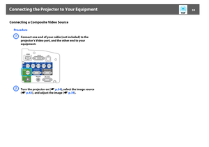 Page 33Connecting the Projector to Your Equipment
33
Connecting a Composite Video Source
ProcedureA
Connect one end of your cable (not included) to the 
projector’s Video port, and the other end to your 
equipment.
B
Turn the projector on (sp.34), select the image source 
(sp.43), and adjust the image (sp.35). 