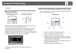 Page 44Changing the Projected Image
44
Procedure
When your video equipment is connected, start playback before 
beginning this operation.
When two or more pieces of equipment are connected, press the [Source 
Search] button until the target image is projected.
The following screen showing the status of image signals is displayed 
when only the image that the projector is currently displaying is 
available, or when no image signal can be found. You can select the input 
port where the equipment you want to use...