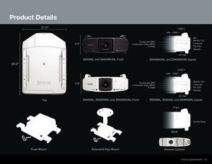 Page 3333
Product Details
Product Specifi cations
28.9"
Z8250NL, Z8350WNL and Z8450WUNL Front Z8255NL and Z8455WUNL FrontRemote ControlBack
Z8450WUNL and Z8455WUNL Inputs
Z8250NL, Z8255NL and Z8350WNL Inputs
To p
Flush Mount Extended Pipe Mount
HDMI 2
HDMI 2
HDMI 1
HDMI 1
LAN
LAN
SDI
Monitor Out
Monitor Out
Computer
Computer RS-232c
RS-232c Remote
Remote
Component BNC
Component BNC
Component Video (BNC)
Component Video (BNC) S-Video
S-Video
AC Inlet
AC Inlet
Power
Control Panel
8.9"
8.9"
21.0" 