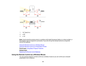 Page 53

1
 19.7
feet(6m)
 2
 ±
30 º
 3
 ±
15 º
 Note:
Avoidusingtheremote controlinconditions withbright fluorescent lightsorindirect sunlight, or
 the
projector maynotrespond tocommands. Ifyou willnot use theremote controlforalong time,
 remove
thebatteries.
 Using
theRemote ControlasaWireless Mouse
 Using
theRemote ControlasaPresentation Pointer
 Parent
topic:UsingBasicProjector Features
 Related
tasks
 Replacing
theRemote ControlBatteries
 Using
theRemote ControlasaWireless Mouse
 You
canusetheprojectors...
