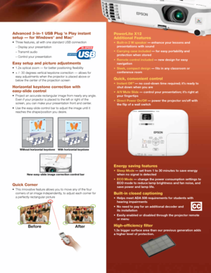 Page 3Advanced 3-in-1 USB Plug ‘n Play instant 
setup — for Windows® and Mac®
•	 Three	features,	all	with	one	standard	USB	connection	– Display your presentation
– Transmit audio
– Control your presentation
Easy setup and picture adjustments
•	 1.2x	optical	zoom	—	for	better	positioning	flexibility
•	 +	/-	30	degrees	vertical	keystone	correction	—	allows	for	easy adjustments when the projector is placed above or 
below the center of the projection screen
Horizontal keystone correction with 
easy-slide control...