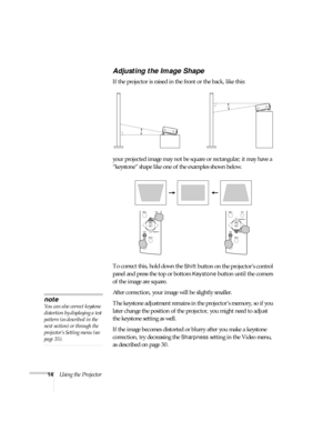 Page 1914Using the Projector
Adjusting the Image Shape
If the projector is raised in the front or the back, like this:
your projected image may not be square or rectangular; it may have a 
“keystone” shape like one of the examples shown below. 
To correct this, hold down the 
Shift button on the projector’s control 
panel and press the top or bottom 
Keystone button until the corners 
of the image are square.
After correction, your image will be slightly smaller.
The keystone adjustment remains in the...