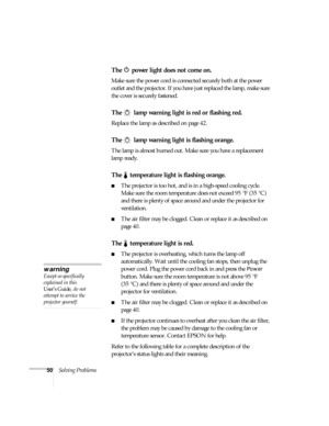 Page 5550Solving Problems
The   power light does not come on.
Make sure the power cord is connected securely both at the power 
outlet and the projector. If you have just replaced the lamp, make sure 
the cover is securely fastened.
The   lamp warning light is red or flashing red.
Replace the lamp as described on page 42. 
The   lamp warning light is flashing orange.
The lamp is almost burned out. Make sure you have a replacement 
lamp ready. 
The   temperature light is flashing orange.
The projector is too...