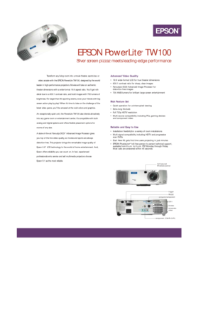 Page 1Transform any living room into a movie theater, sports bar, or
video arcade with the EPSON PowerLite TW100, designed by the world
leader in high-performance projectors. Movies will take on authentic
theater dimensions with a wide-format 16:9 aspect ratio. You’ll get rich
detail due to a 600:1 contrast ratio, and bold images with 700 lumens of
brightness. For larger-than-life sporting events, wow your friends with big
screen action play by play! When it’s time to take on the challenge of the
latest video...