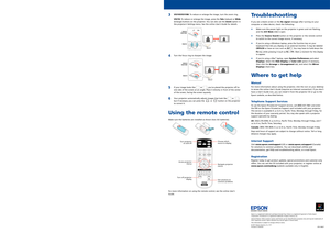 Page 2Quick Setup
Before using the projector, make sure you read the safety instructions in the 
online User’s Guide.
Note: These illustrations show the VS310/VS315W, but the instructions are the 
same for the VS210 unless otherwise noted.
Connect the projector
Choose from the following connections. See the sections below or the online 
User’s Guide for details.
Computer
USB Port
Connect the square end of a USB cable to the projector’s   USB TypeB 
(square) port. Connect the flat end of the cable to any USB...