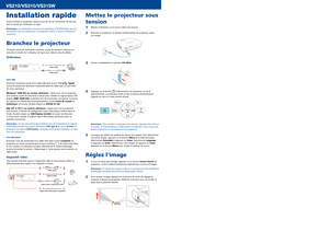 Page 3Installation rapide
Avant d’utiliser le projecteur, assurez-vous de lire les instructions de sécurité 
dans le Guide de l’utilisateur en ligne.
Remarque : Les illustrations montrent le projecteur VS310/VS315W, mais les 
instructions sont les mêmes pour le projecteur VS210, à moins d’indications 
contraires.
Branchez le projecteur
Choisissez parmi les connexions suivantes. Voyez les sections ci-dessous ou 
consultez le Guide de l’utilisateur en ligne pour obtenir plus de détails.
Ordinateur
Port USB...