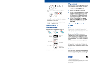 Page 4
Installation rapide
Avant d’utiliser le projecteur, assurez-vous de lire les instructions de sécurité 
dans le Guide de l’utilisateur en ligne.
Branchez le projecteur
Choisissez parmi les connexions suivantes. Consultez les sections ci-dessous ou 
consultez le Guide de l’utilisateur en ligne pour obtenir plus de détails.
Ordinateur
Câble VGA 
Câble USB 
Port USB
Branchez l’extrémité carrée d’un câble USB dans le port USB  TypeB 
(carré) du projecteur. Branchez l’extrémité plate du câble dans un port USB...