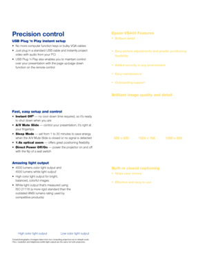 Page 3Precision control 
USB Plug ‘n Play instant setup
•	 No	more	computer	function	keys	or	bulky	VGA	cables
•	 Just 	 plug 	 in 	 a 	 standard 	 USB 	 cable 	 and 	 instantly 	 project 	 	
	 video
	 with 	 audio 	 from 	 your 	 PC!
•	 USB
	 Plug 	 ‘n 	 Play 	 also 	 enables 	 you 	 to 	 maintain 	 control	
	 over
	 your 	 presentation 	 with 	 the 	 page 	 up/page 	 down 	 		
	 function
	 on 	 the 	 remote 	 control
	
Fast, easy setup and control  
•	Instant Off®	—	no	cool-down	time	required,	so	it’s	ready...