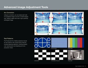 Page 3131
Easy Installation Tools
Arc Correction
Using arc correction, you can adjust each side  
of a projected image in an arch or barrel-shaped  
way, making it easier than ever to get a perfectly  
rectangular image.
Test Patterns
The PowerLite Pro Z Series projectors include  
six test patterns with precise setup features,  
including detecting distortion, checking linearity,   
color reproduction and bleeding and tone  
production check.
Standard
Checkered Cross-Hatch
Checkered ReverseColor Bars...