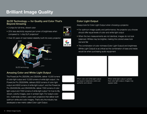 Page 63LCD Technology — for Quality and Color That’s  
Beyond Amazing
•	3 chips for full-time, vibrant color  
•	  25% less electricity required per lumen of brightness when 
compared to 1-chip DLP projectors
2 
•	 Over 20 years of road-tested reliability built into every projector
Quality and Reliability
6
Amazing Color and White Light Output
The PowerLite Pro Z8250NL and Z8255NL deliver 10,000 lumens 
of color light output and 10,000 lumens of white light output
1; the 
PowerLite Pro Z8350WNL delivers 8500...