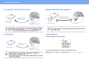 Page 2121
Connecting to Video Equipment For Component Video (DVD, Video games)
For RGB Video
Playing sound from video equipmentVolume adjustmentPress [l] or [r] on the remote control.
You can also adjust the volume with the configuration menu.
([Menu] button → “Setting” → “Volume”) See “
Setting menu
” on page 39
.
p
After projection starts, change the “Input Signal” setting in the “Image” 
menu to either “Component Video (YCbCr
g)” or “Component Video 
(YPbPr
g)” to match the signals from the video equipment....
