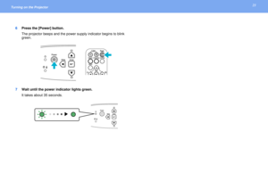 Page 2323
Turning on the Projector 
6Press the [Power] button.
The projector beeps and the power supply indicator begins to blink 
green.
7Wait until the power indicator lights green.
It takes about 35 seconds. 