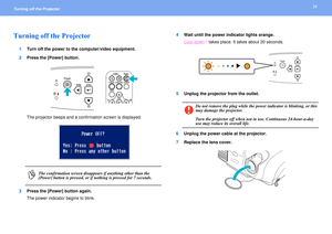 Page 2424
Turning off the Projector Turning off the Projector
1Turn off the power to the computer/video equipment.
2Press the [Power] button.
The projector beeps and a confirmation screen is displayed.
3Press the [Power] button again.
The power indicator begins to blink.4Wait until the power indicator lights orange.
Cool-down
g takes place. It takes about 20 seconds.
5Unplug the projector from the outlet.
6Unplug the power cable at the projector.
7Replace the lens cover.
p
The confirmation screen disappears if...