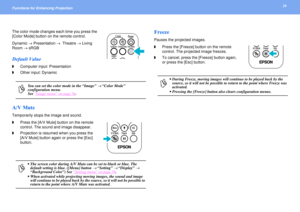 Page 3030
Functions for Enhancing Projection The color mode changes each time you press the 
[Color Mode] button on the remote control.
Dynamic → Presentation →  Theatre → Living 
Room → sRGBDefault Value◗Computer input: Presentation
◗Other input: DynamicA/V MuteTemporarily stops the image and sound.
◗Press the [A/V Mute] button on the remote 
control. The sound and image disappear.
◗Projection is resumed when you press the 
[A/V Mute] button again or press the [Esc] 
button.
FreezePauses the projected images....