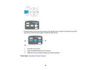 Page 56

•
Press thebutton forthe source youwant onthe remote control. Ifthere ismore thanoneport for
 that
source, pressthebutton againtoselect theother source.
 1
 Computer
portsources
 2
 Video
andHDMI (PowerLite X12)sources
 3
 USB
portsources (computer displayandexternal devices)
 Parent
topic:UsingBasicProjector Features
 56    