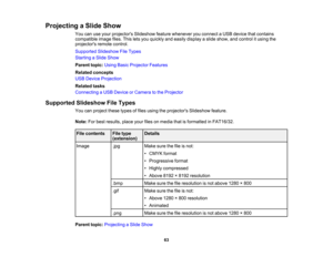 Page 63

Projecting
aSlide Show
 You
canuseyour projectors Slideshowfeaturewhenever youconnect aUSB device thatcontains
 compatible
imagefiles.Thisletsyou quickly andeasily display aslide show, andcontrol itusing the
 projectors
remotecontrol.
 Supported
SlideshowFileTypes
 Starting
aSlide Show
 Parent
topic:UsingBasicProjector Features
 Related
concepts
 USB
Device Projection
 Related
tasks
 Connecting
aUSB Device orCamera tothe Projector
 Supported
SlideshowFileTypes
 You
canproject thesetypesoffiles using...