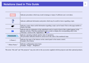 Page 22
Notations Used in This Guide
The terms “this unit” and “this projector” may also refer to the accessories supplied with the projector and other optional products.  Indicates procedures which may result in damage or injury if sufficient care is not taken.
Indicates additional information and points which may be useful to know regarding a topic.
Indicates a page where useful information regarding a topic can be found. Click on the page number to 
display that page.
Indicates that an explanation of the...