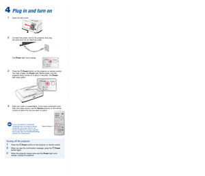 Page 4
5	Adjust the image
 1   To raise the image, press the foot adjust button and lift the front 
of the projector. Release the button to lock the foot in the position 
you want. 
 2   Rotate the focus ring to sharpen the image. To change the image size, 
use the Wide and Tele buttons on the projector.
 
 3    If your image looks like  or , first make sure the projector 
is facing the screen squarely. Then, if necessary, press the  and  
buttons on the projector’s control panel until the image is corrected....