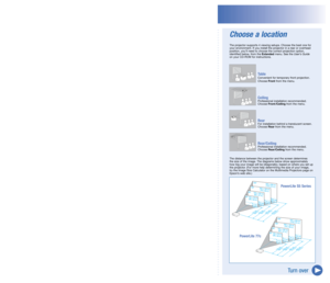 Page 3
Quick SetupChoose a location
The projector supports 4 viewing setups. Choose the best one for 
your environment. If you install the projector in a rear or overhead 
position, you’ll need to choose the correct projection option, 
identified below, from the Extended menu. See the User’s Guide 
on your CD-ROM for instructions. 
 
 Table 
  Convenient for temporary front projection.
 
  Choose 
Front from the menu.
 Ceiling 
  Professional installation recommended. 
 
  Choose 
Front /Ceiling from the...