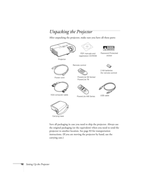 Page 1616Setting Up the Projector
Unpacking the Projector
After unpacking the projector, make sure you have all these parts: 
Save all packaging in case you need to ship the projector. Always use 
the original packaging (or the equivalent) when you need to send the 
projector to another location. See page 83 for transportation 
instructions. (If you are moving the projector by hand, use the 
carrying case.) 
Projector
Remote controlPDF manuals and 
registration CD-ROM
Power cord
VGA computer cable
Password...