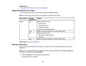 Page 61

Related
tasks
 Connecting
aUSB Device orCamera tothe Projector
 Supported
SlideshowFileTypes
 You
canproject thesetypesoffiles using theprojectors Slideshowfeature.
 Note:
Forbest results, placeyourfilesonmedia thatisformatted inFAT16/32.
 File
contents
 File
type
 Details

(extension)

Image
 .jpg
 Make
surethefileisnot:
 •
CMYK format
 •
Progressive format
 •
Highly compressed
 •
Above 8192×8192 resolution
 .bmp
 Make
surethefileresolution isnot above 1280×800
 .gif
 Make
surethefileisnot:
 •
Above...