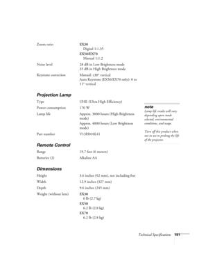 Page 101Technical Specifications101
Zoom ratioEX30
Digital 1:1.35
EX50/EX70
Manual 1:1.2
Noise level 28 dB in Low Brightness mode
35 dB in High Brightness mode 
Keystone correction Manual: 
±30° vertical
Auto Keystone (EX50/EX70 only): 0 to 
11° vertical
Projection Lamp
Type UHE (Ultra High Efficiency)
Power consumption 170 W
Lamp life Approx. 3000 hours (High Brightness 
mode)
Approx. 4000 hours (Low Brightness 
mode)
Part number V13H010L41
Remote Control
Range 19.7 feet (6 meters)
Batteries (2) Alkaline AA...