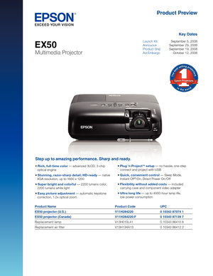 Page 1Step up to amazing performance. Sharp and ready.
• Rich, full-time color — advanced 3LCD, 3-chip    
 optical engine
• Stunning, razor-sharp detail ; HD-ready — native  
 XGA resolution, up to 1600 x 1200
• Super bright and colorful — 2200 lumens color,    
 2200 lumens white light
• Easy picture adjustment — automatic keystone    
 correction, 1.2x optical zoom 
• Plug 'n Project™ setup — no hassle, one-step    
  connect and project with USB
• Quick, convenient control — Sleep Mode,    
 Instant...