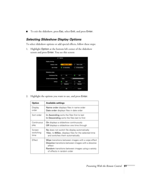Page 61Presenting With the Remote Control61
■To exit the slideshow, press Esc, select Exit, and press Enter.
Selecting Slideshow Display Options
To select slideshow options or add special effects, follow these steps:
1. Highlight 
Option at the bottom left corner of the slideshow 
screen and press 
Enter. You see this screen:
2. Highlight the options you want to use, and press 
Enter. 
Option Available settings
Display 
orderName order displays files in name order
Date order displays files in date order
Sort...