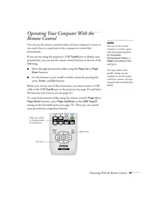 Page 61Presenting With the Remote Control61
Operating Your Computer With the 
Remote Control
You can use the remote control in place of your computer’s mouse so 
you won’t have to stand next to the computer to control the 
presentation.
If you are not using the projector’s USB 
TypeB port to display your 
presentation, you can use the remote control buttons to do one of the 
following:
■Move through presentation slides using the Page Up or Page 
Down
 buttons
■Use the buttons as you would a wireless mouse by...