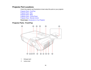 Page 14

Projector
PartLocations
 Check
theprojector partillustrations tolearn about theparts onyour projector.
 Projector
Parts-Front/Top
 Projector
Parts-Rear
 Projector
Parts-Base
 Projector
Parts-Control Panel
 Projector
Parts-Remote Control
 Parent
topic:Introduction toYour Projector
 Projector
Parts-Front/Top
 1
 Exhaust
vent
 2
 Lamp
cover
 14  