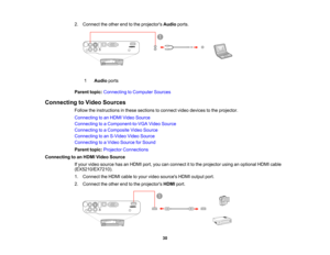 Page 30

2.
Connect theother endtothe projectors Audioports.
 1
 Audio
ports
 Parent
topic:Connecting toComputer Sources
 Connecting
toVideo Sources
 Follow
theinstructions inthese sections toconnect videodevices tothe projector.
 Connecting
toan HDMI Video Source
 Connecting
toaComponent-to-VGA VideoSource
 Connecting
toaComposite VideoSource
 Connecting
toan S-Video VideoSource
 Connecting
toaVideo Source forSound
 Parent
topic:Projector Connections
 Connecting
toan HDMI Video Source
 If
your video source...