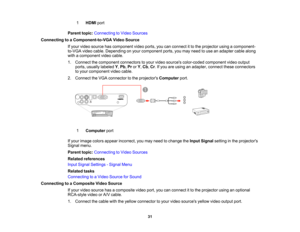 Page 31

1
 HDMI
port
 Parent
topic:Connecting toVideo Sources
 Connecting
toaComponent-to-VGA VideoSource
 If
your video source hascomponent videoports, youcanconnect itto the projector usingacomponent-
 to-VGA
videocable. Depending onyour component ports,youmay need touse anadapter cablealong
 with
acomponent videocable.
 1.
Connect thecomponent connectorstoyour video sources color-coded componentvideooutput
 ports,
usually labeled Y,Pb ,Pr orY,Cb ,Cr .If you areusing anadapter, connecttheseconnectors
 to...