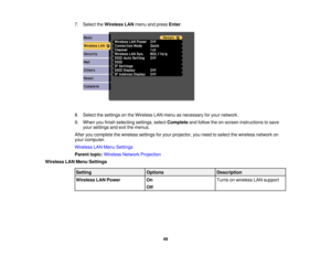 Page 49

7.
Select theWireless LANmenu andpress Enter.
 8.
Select thesettings onthe Wireless LANmenu asnecessary foryour network.
 9.
When youfinish selecting settings,selectComplete andfollow theon-screen instructions tosave
 your
settings andexitthemenus.
 After
youcomplete thewireless settingsforyour projector, youneed toselect thewireless networkon
 your
computer.
 Wireless
LANMenu Settings
 Parent
topic:Wireless NetworkProjection
 Wireless
LANMenu Settings
 Setting
 Options
 Description

Wireless
LANPower...