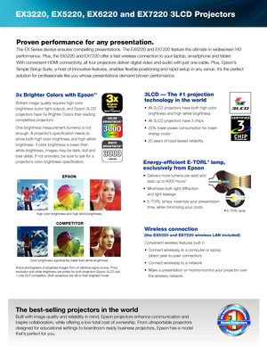 Page 2EX3220, EX5220, EX6220 and EX7220 3LCD Projectors 
The best-selling projectors in the world
Built with image quality and reliability in mind, Epson projectors enhance communication and 
inspire collaboration, while offering a low total cost of ownership. From ultraportable projectors 
designed for educational settings to boardroom-ready business projectors, Epson has a model 
that’s perfect for you.
Proven performance for any presentation.
The EX Series always ensures compelling presentations. The EX6220...