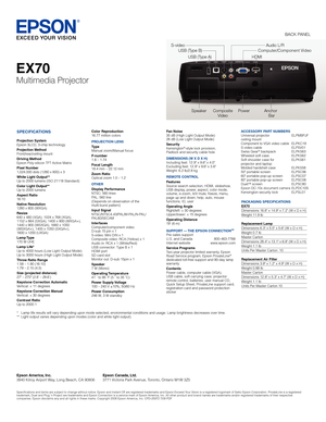 Page 2Computer/Component Video
BACK PANEL
SPECIFICATIONS
Projection SystemEpson 3LCD, 3-chip technologyProjection MethodFront/rear/ceiling mountDriving MethodEpson Poly-silicon TFT Active MatrixPixel Number1,024,000 dots (1280 x 800) x 3White Light Output**Up to 2000 lumens (ISO 21118 Standard)Color Light Output**Up to 2000 lumensAspect Ratio16:10Native Resolution1280 x 800 (WXGA)Resize640 x 480 (VGA), 1024 x 768 (XGA),  1152 x 864 (SXGA), 1400 x 900 (WXGA+), 1440 x 900 (WSXGA), 1680 x 1050 (WSXGA+), 1400 x...