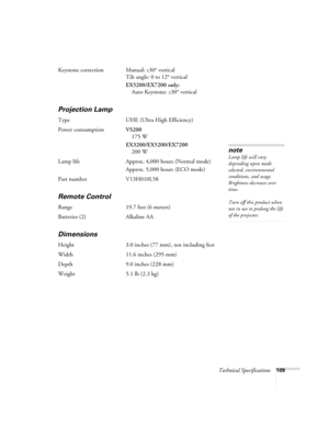 Page 109Technical Specifications109
Keystone correction Manual: ±30° vertical
Tilt angle: 0 to 12° vertical
EX5200/EX7200 only:
Auto Keystone: 
±30° vertical
Projection Lamp
Type UHE (Ultra High Efficiency)
Power consumptionVS200
175 W
EX3200/EX5200/EX7200
200 W
Lamp life Approx. 4,000 hours (Normal mode)
Approx. 5,000 hours (ECO mode)
Part number V13H010L58
Remote Control
Range 19.7 feet (6 meters)
Batteries (2) Alkaline AA
Dimensions
Height 3.0 inches (77 mm), not including feet
Width 11.6 inches (295 mm)...